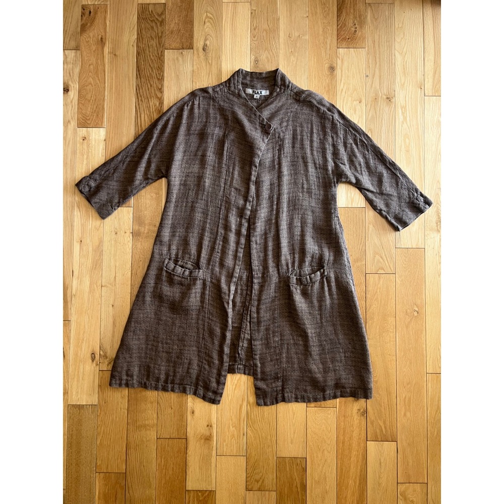 FLAX 100% Linen Duster Jacket Brown Pockets 3/4 Sleeve Relaxed Boho Lagenlook S